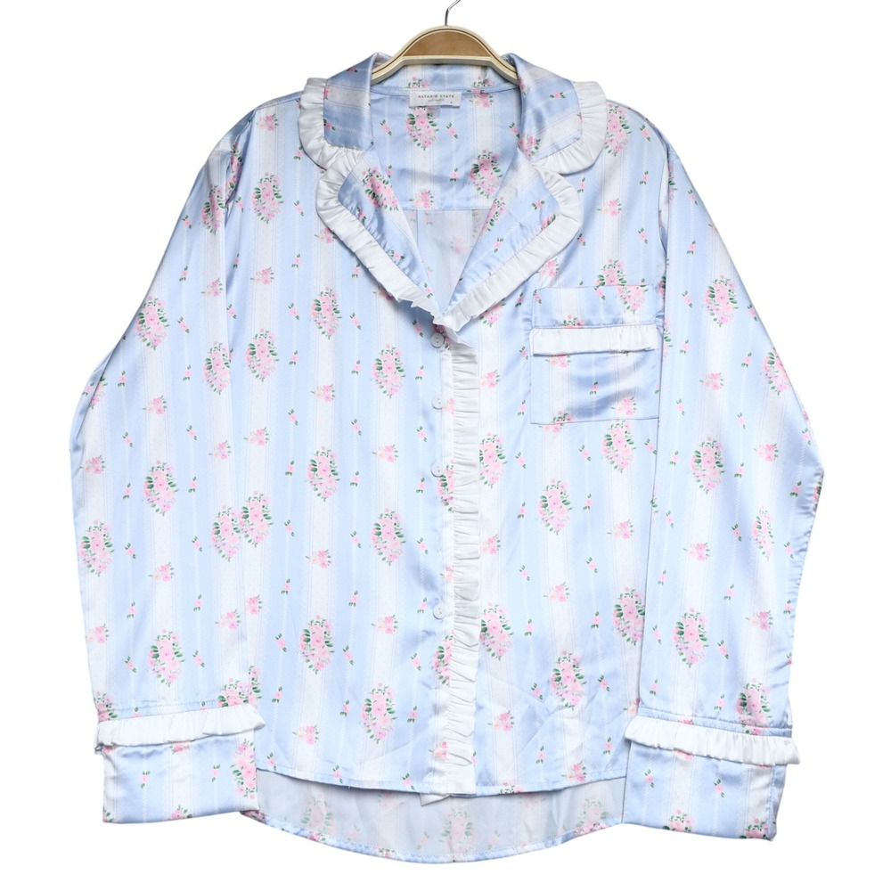 Altar'd State Satin Floral Stripe Ruffle Pajama Top S Blue Cottagecore Coquette